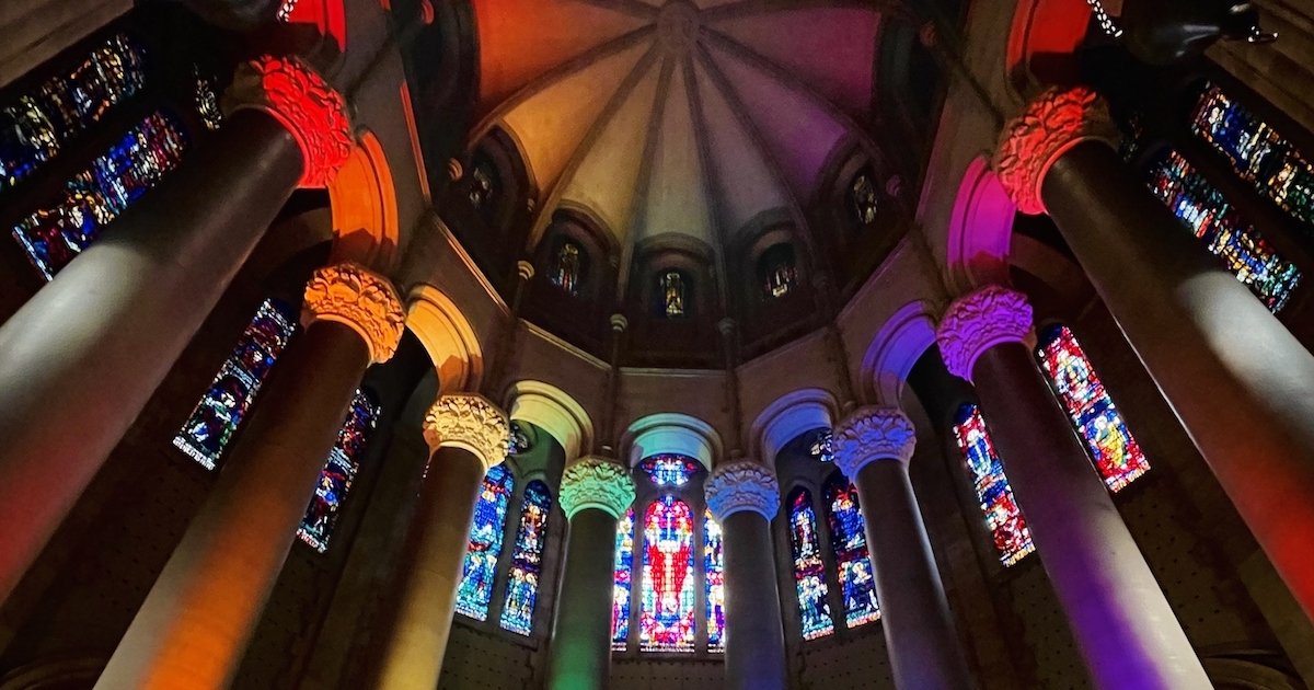 Cathedral of St. John the Divine Lights Up Columns for Pride Month 
